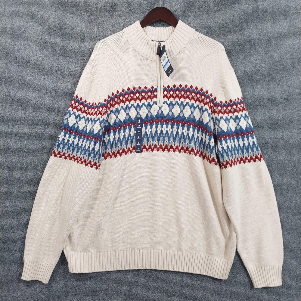 IZOD Sweater Mens XL Beige Fair Isle 1/4 Zip Mock Neck Knit Pullover Holiday